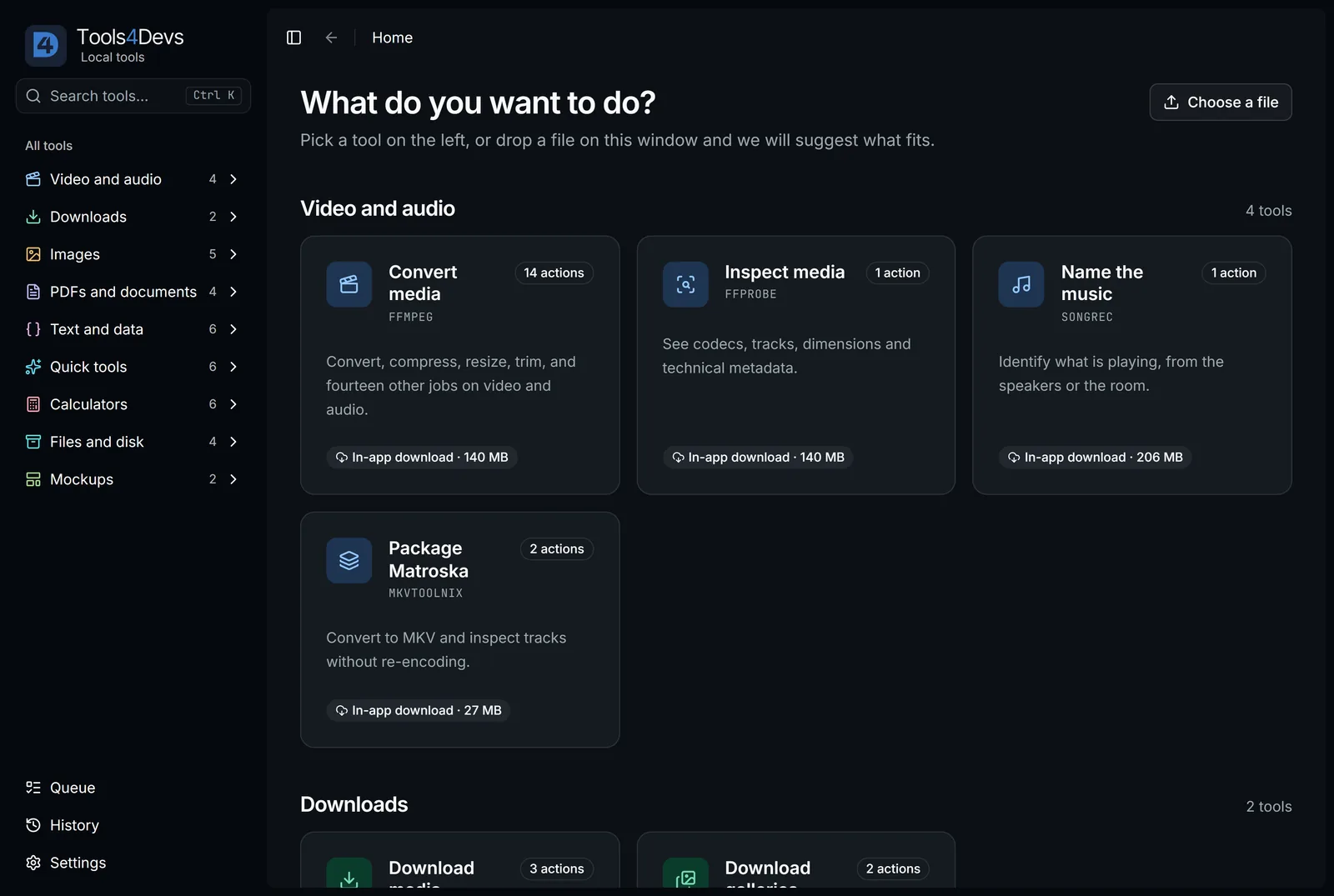 Catálogo do Tools4Devs no tema escuro